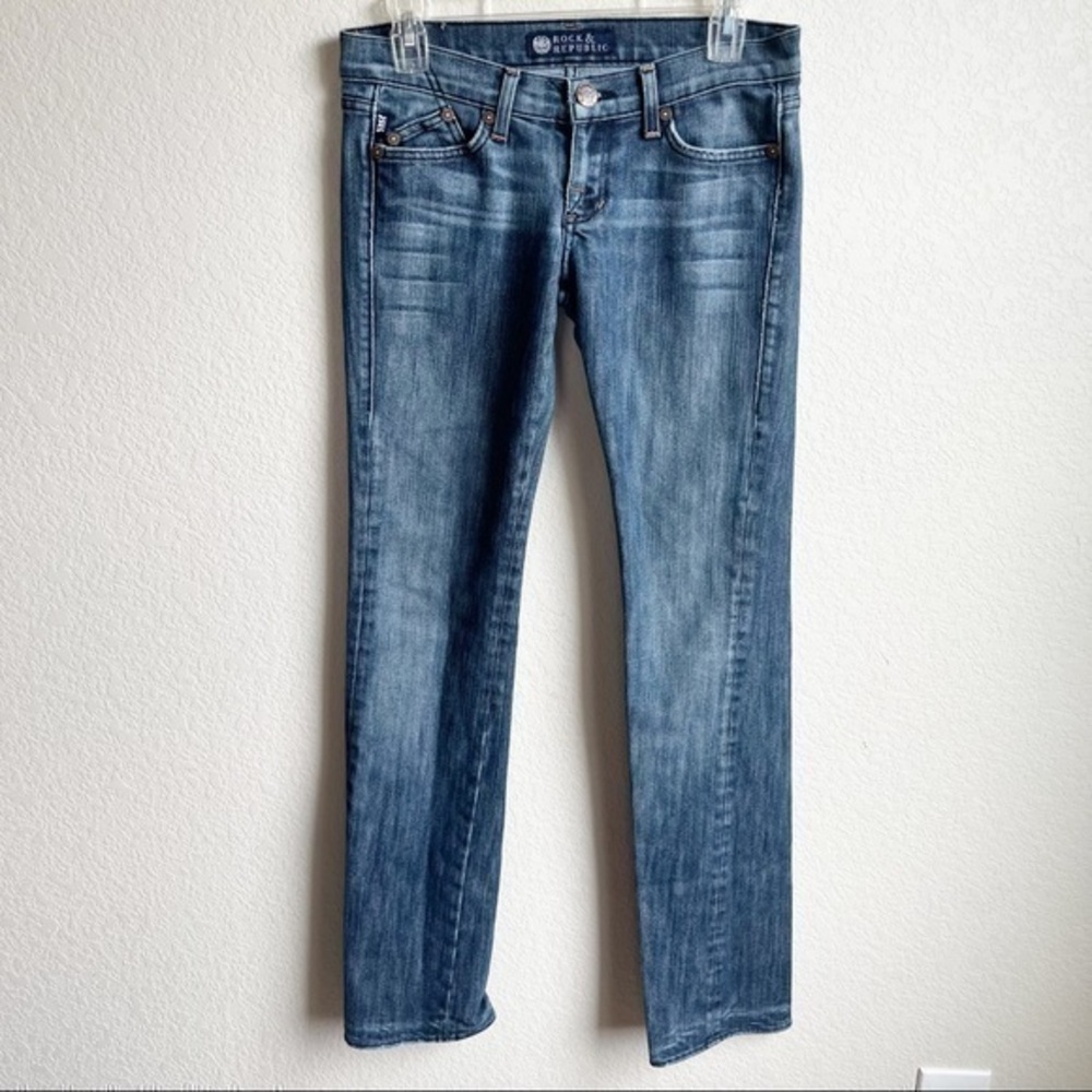 Rock & Republic Jeans Straight Leg Medium Wash Embroidered Logo Pockets 26